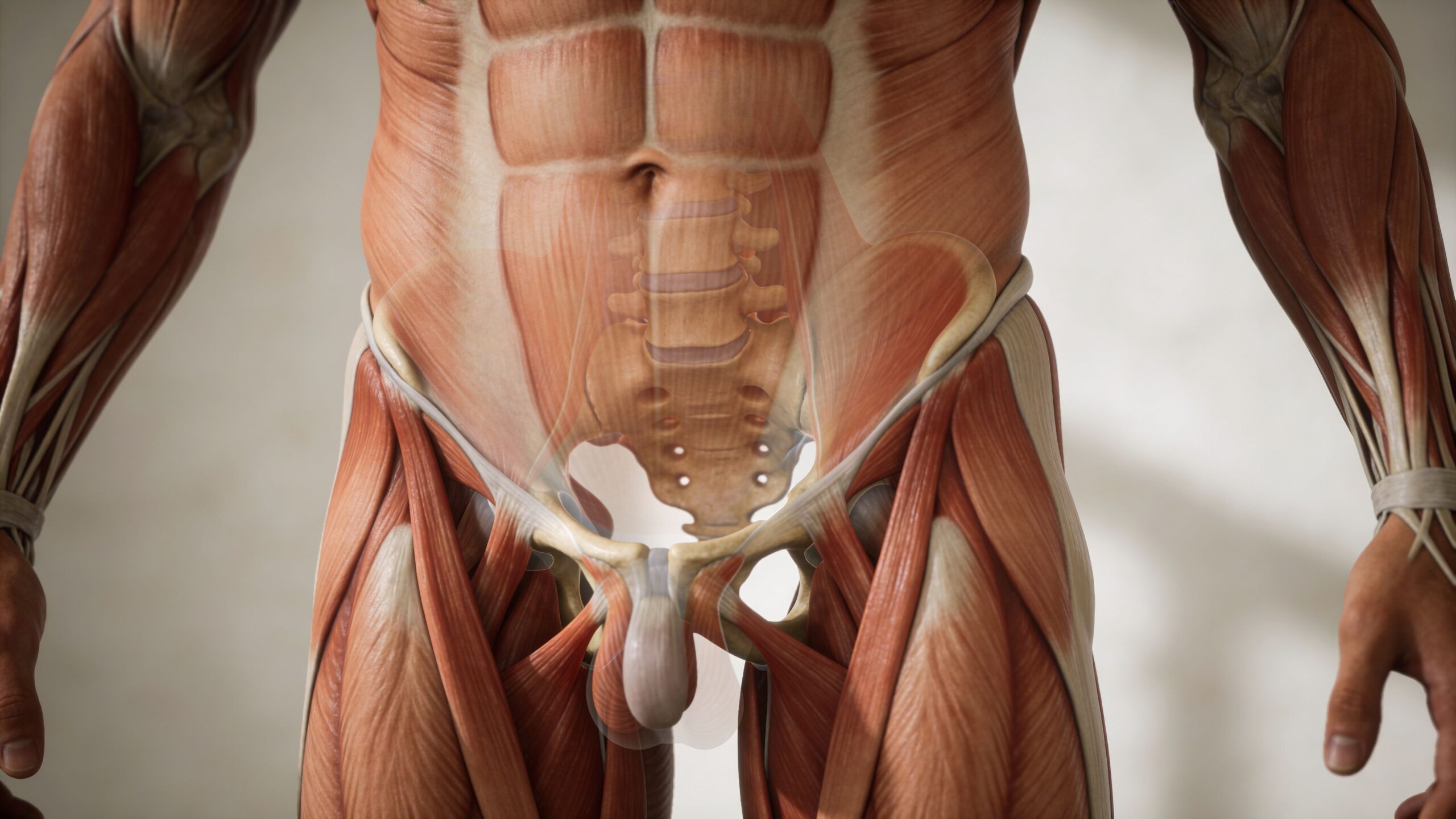 En detaljeret anatomisk illustration af det menneskelige bækkenområde med synlige muskler og knoglestrukturer for medicinsk forståelse.