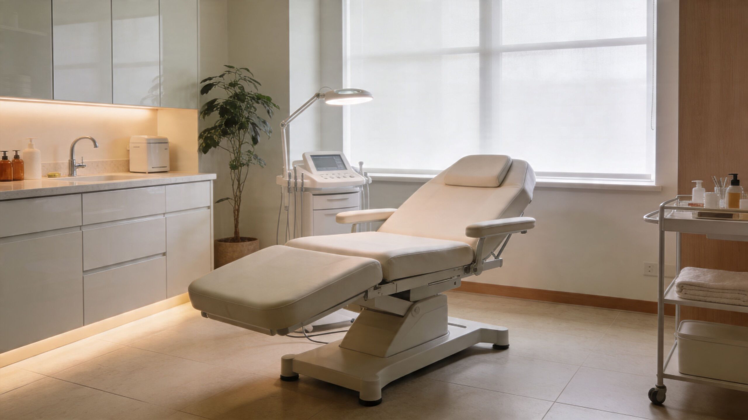 Et moderne og lyst behandlingsrum med en hvid klinikbriks, vask og medicinsk udstyr til professionelle kosmetiske behandlinger.