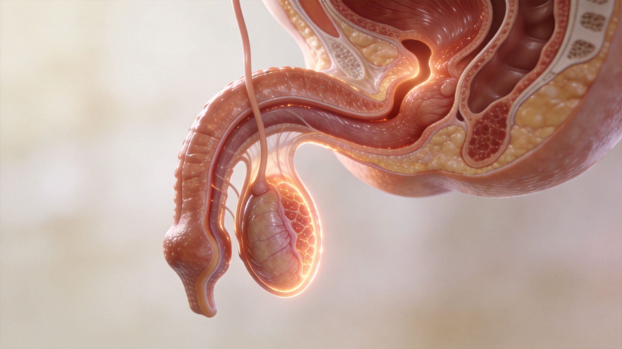 En detaljeret anatomisk 3D-illustration af det mandlige forplantningssystem, der fremhæver testiklerne og de omkringliggende reproduktive strukturer.
