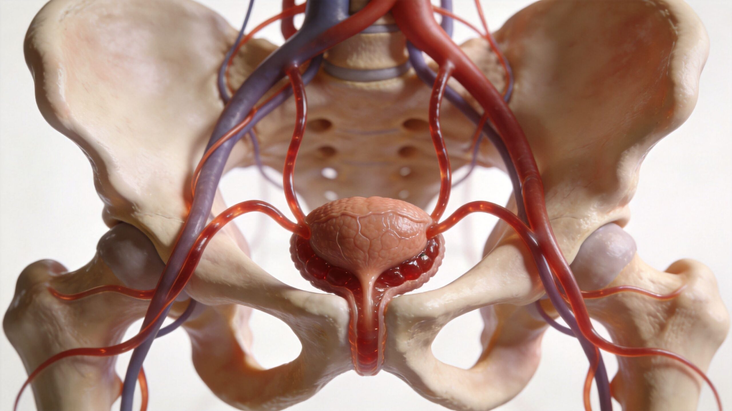 En anatomisk illustration af bækkenområdet med fokus på urinblæren, blodkar og de mandlige reproduktive organer.