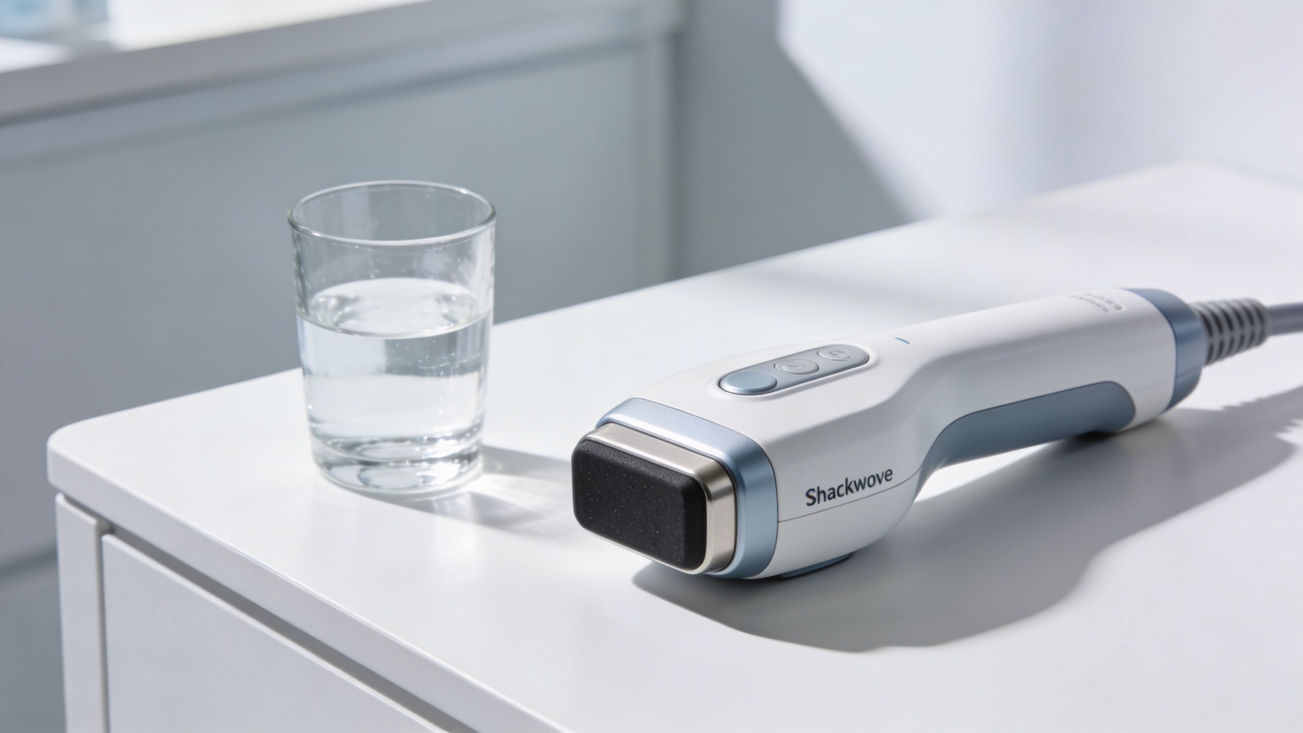 Et medicinsk shockwave-apparat placeret ved siden af et glas vand på et hvidt bord.