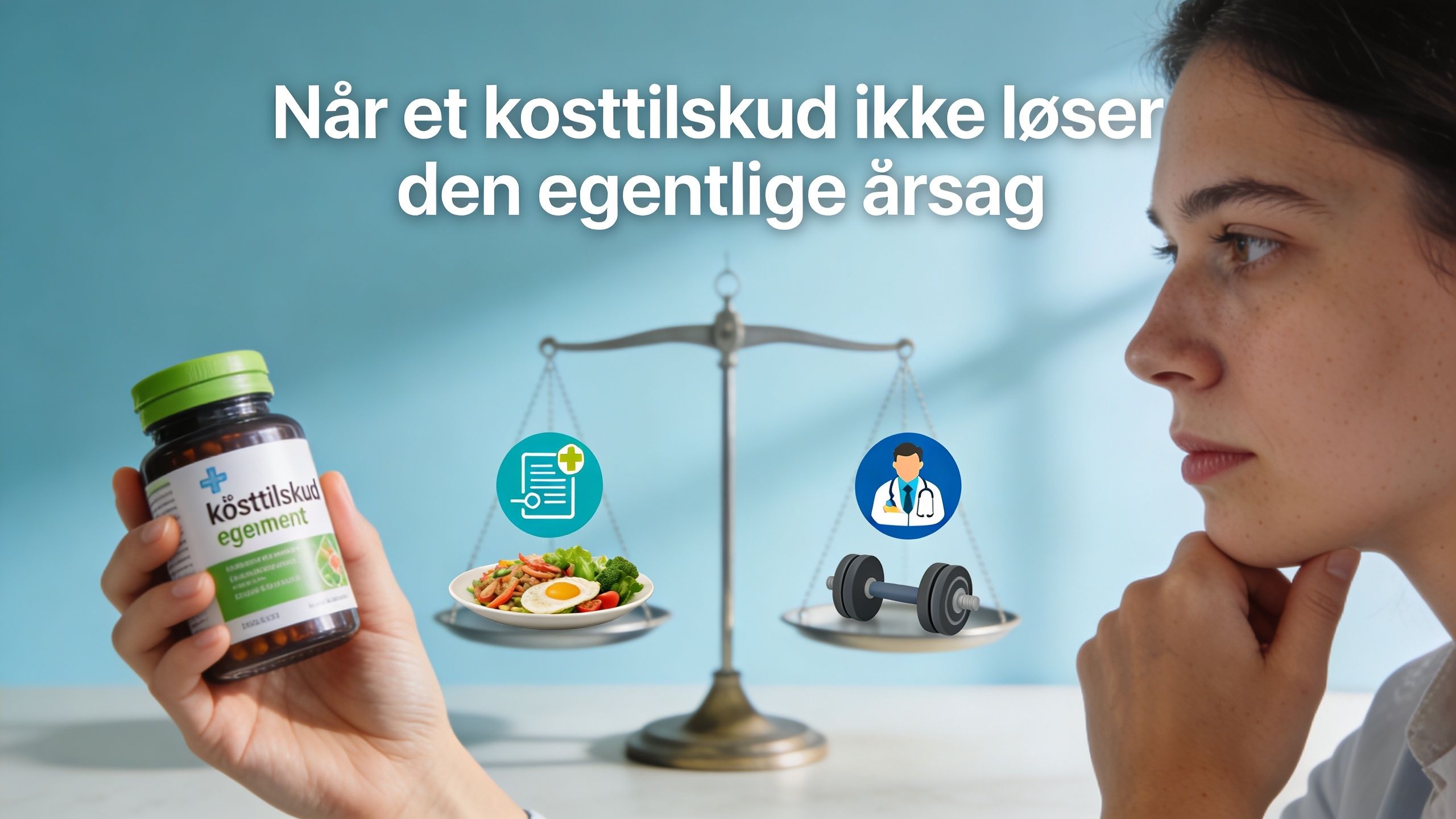 En kvinde overvejer et kosttilskud, mens en vægt viser balance mellem sund mad og motion.