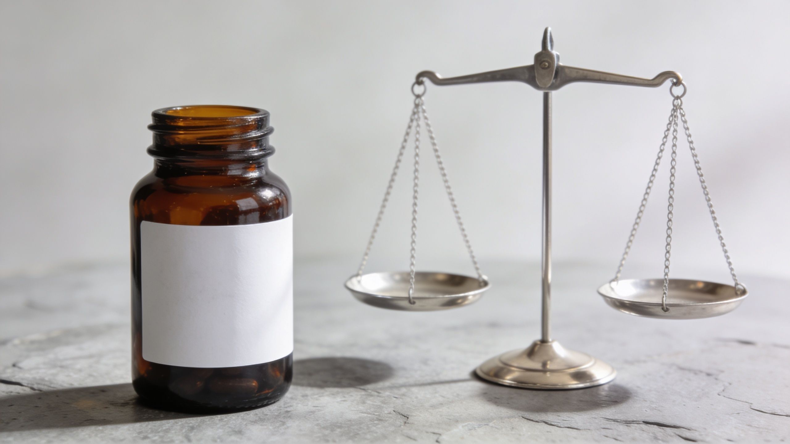 En brun medicinflaske med en tom hvid etiket ved siden af en lille vægt på et bord