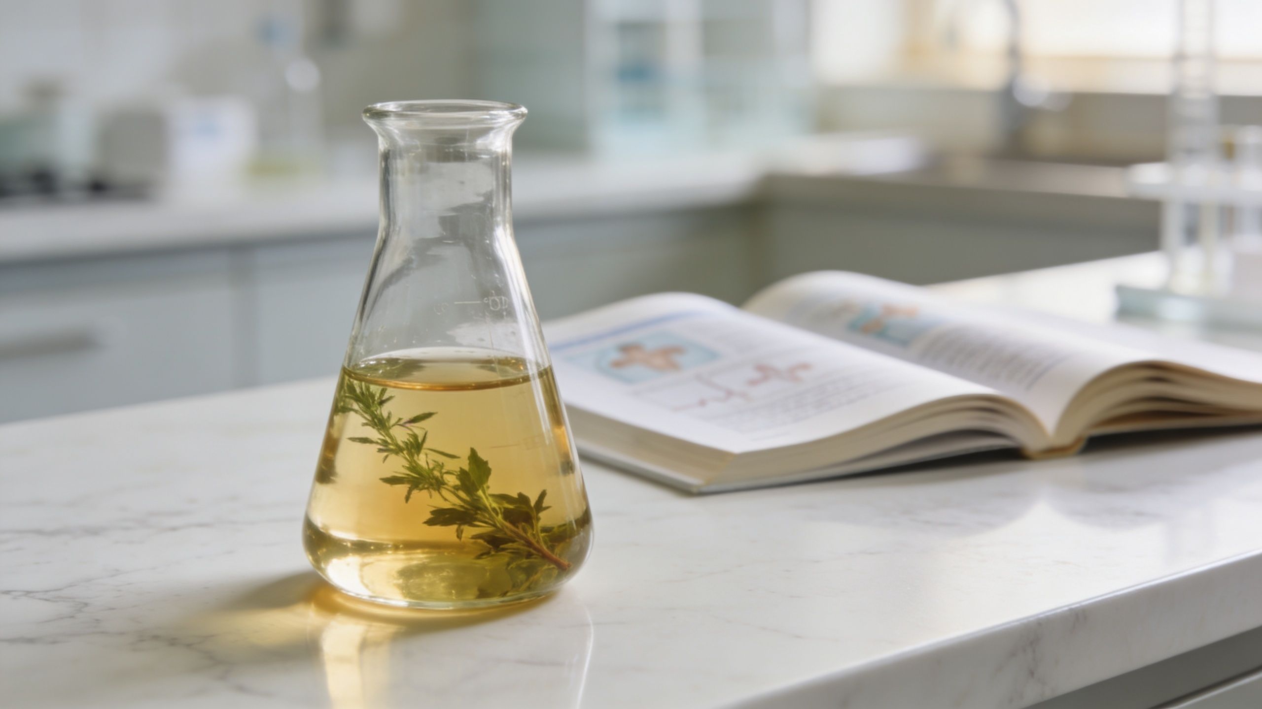 En kolbe med en plante i en laboratorieopsætning ved siden af en lærebog på en marmorbordplade.