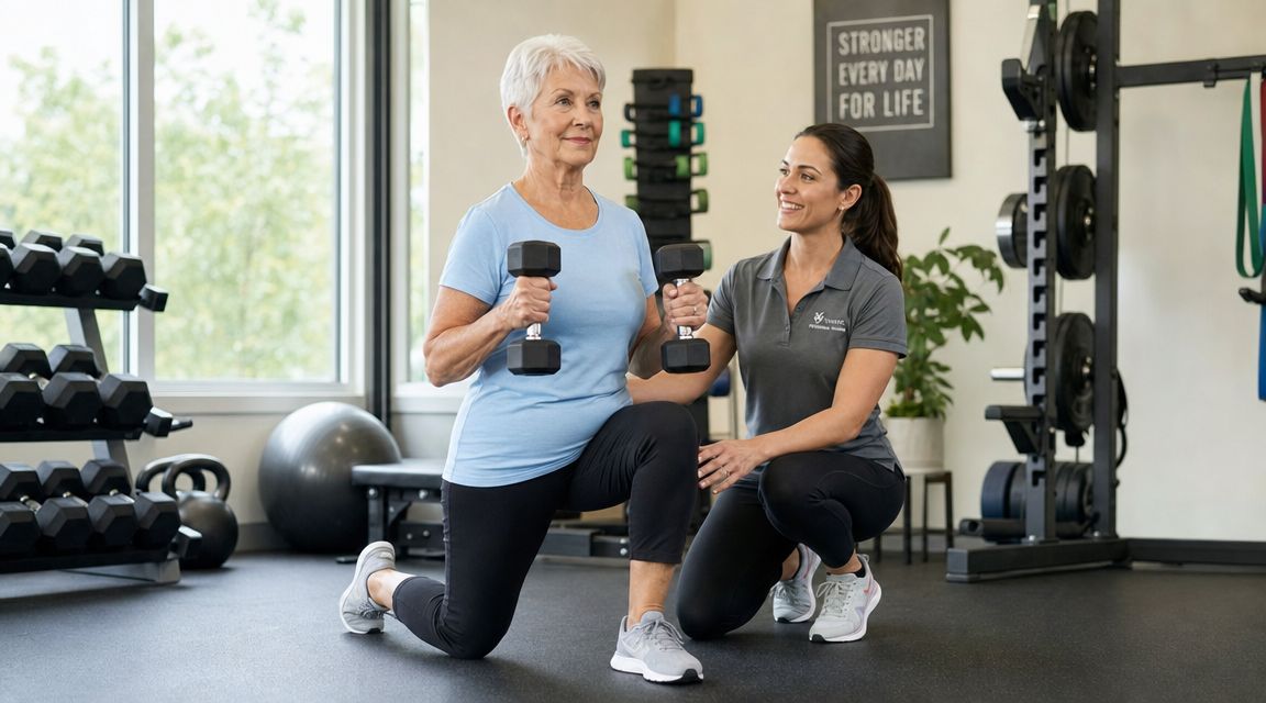 En kvindelig fitnessinstruktør vejleder en ældre kvinde, mens hun laver udfaldsskridt med håndvægte i et fitnesscenter.