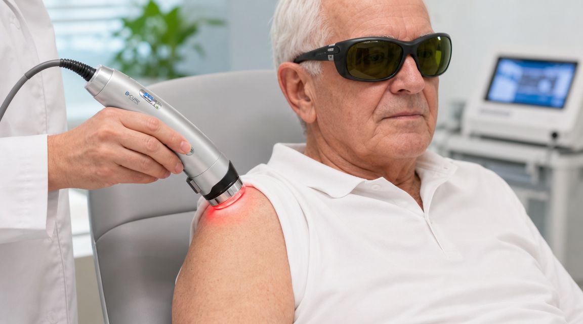 En ældre mand får laserbehandling på skulderen af en behandler i en hvid kitel på en klinik.