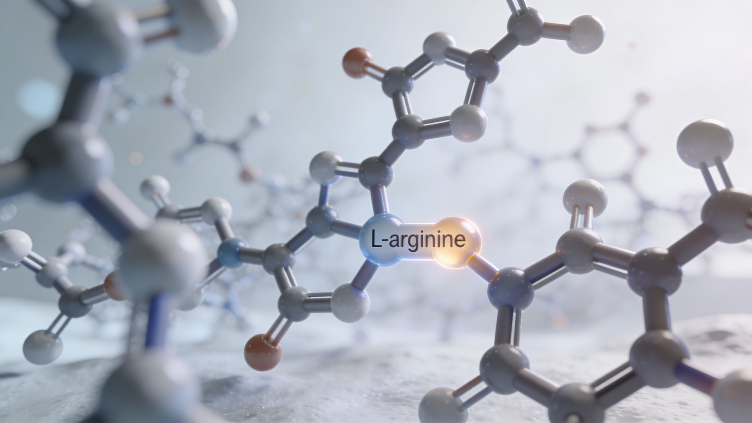 En detaljeret 3D-visualisering af L-arginin-molekyler i et videnskabeligt miljø, der repræsenterer biokemisk forskning og ernæring.