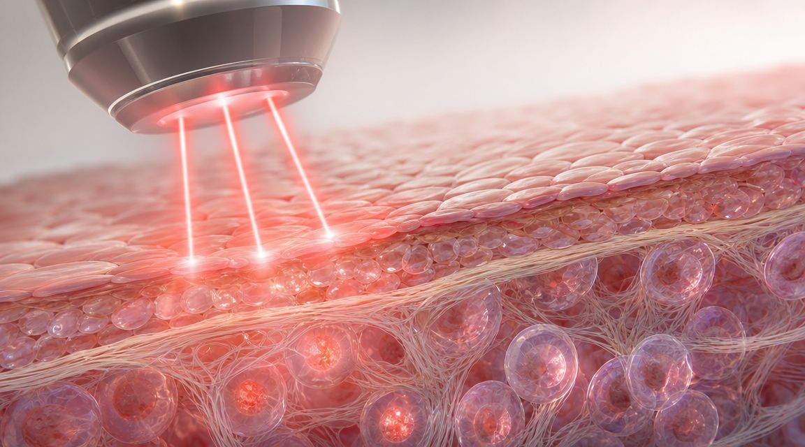 Illustration af laserbehandling på hudens overflade, der viser lysstråler, som trænger ind i hudens dybere lag.