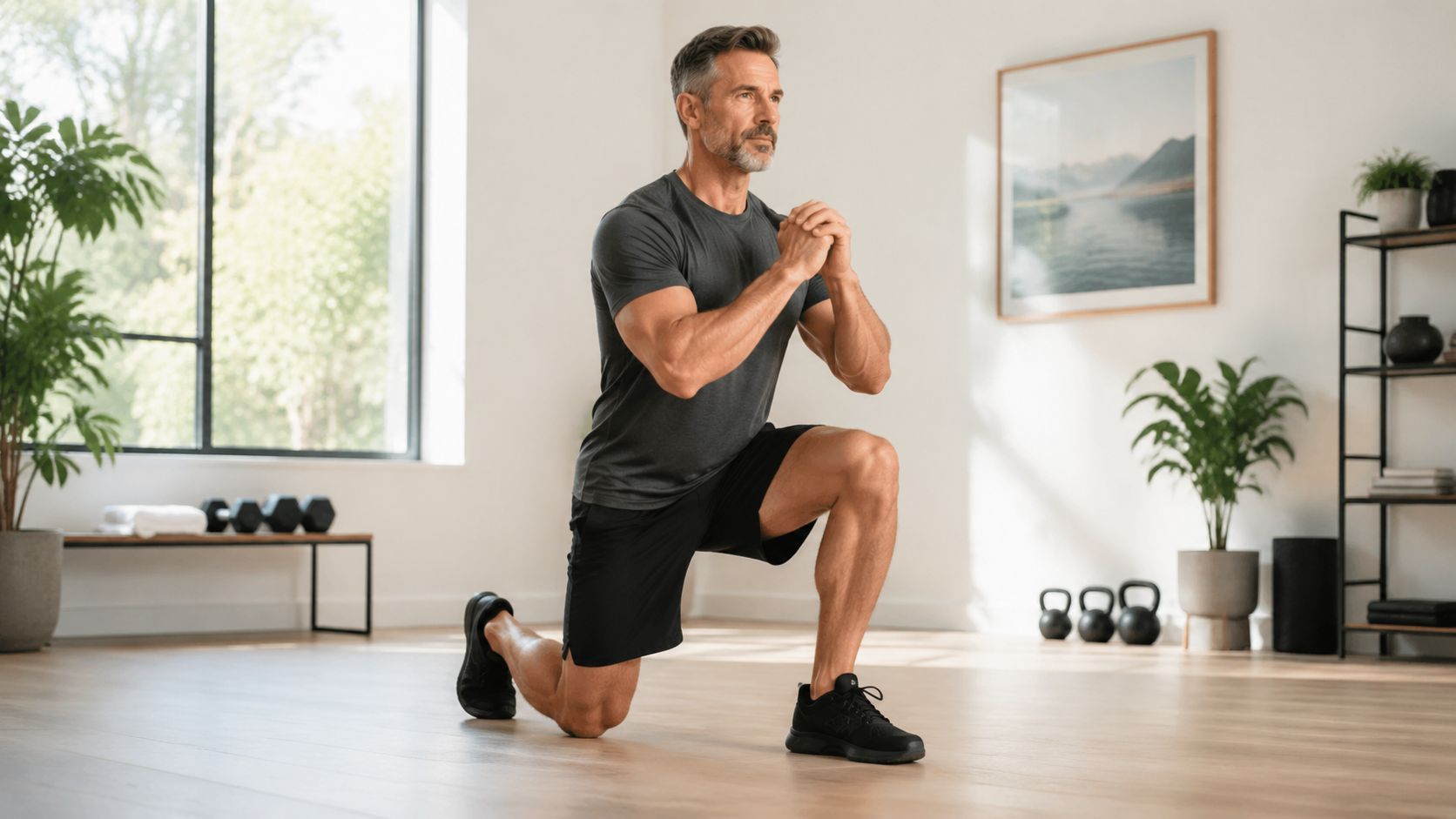En moden mand udfører en lungeøvelse i et lyst og moderne fitnessrum for at forbedre fysisk form.