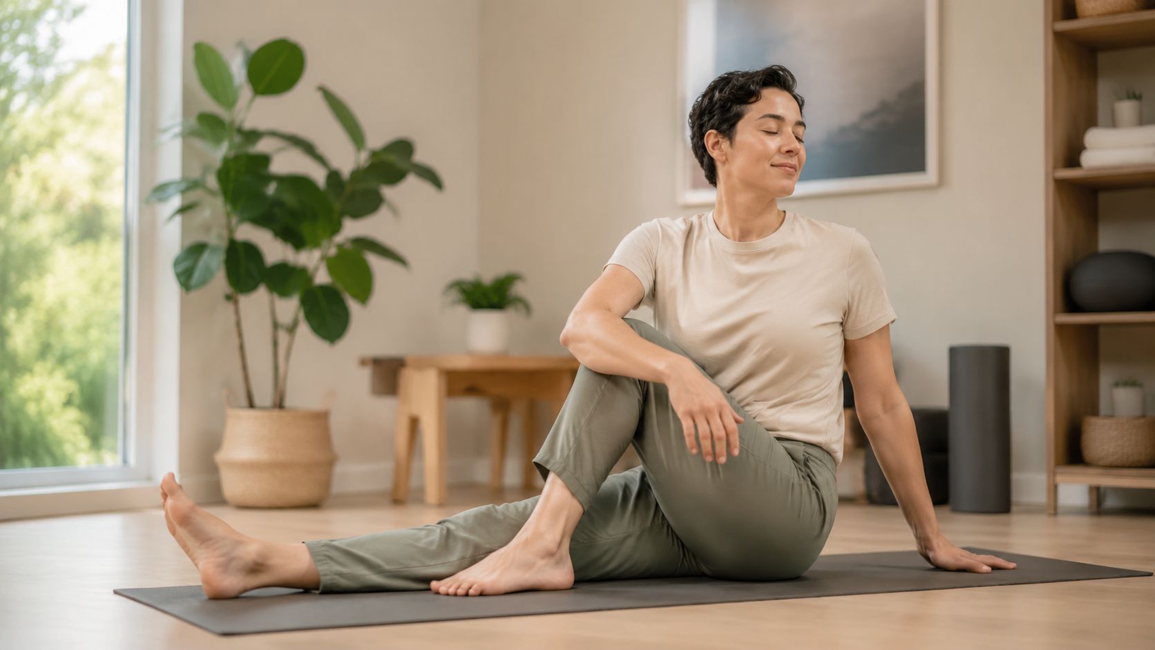 En person med kort hår udfører en siddende spinal vridningsøvelse på en yogamåtte i en lys stue.