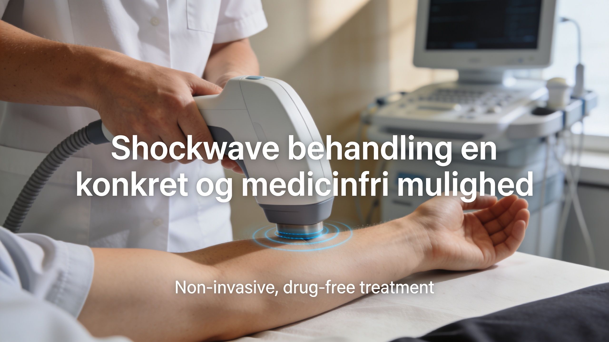 Behandler der udfører en medicinfri shockwavebehandling på en patients underarm med specialiseret medicinsk udstyr i en klinik.