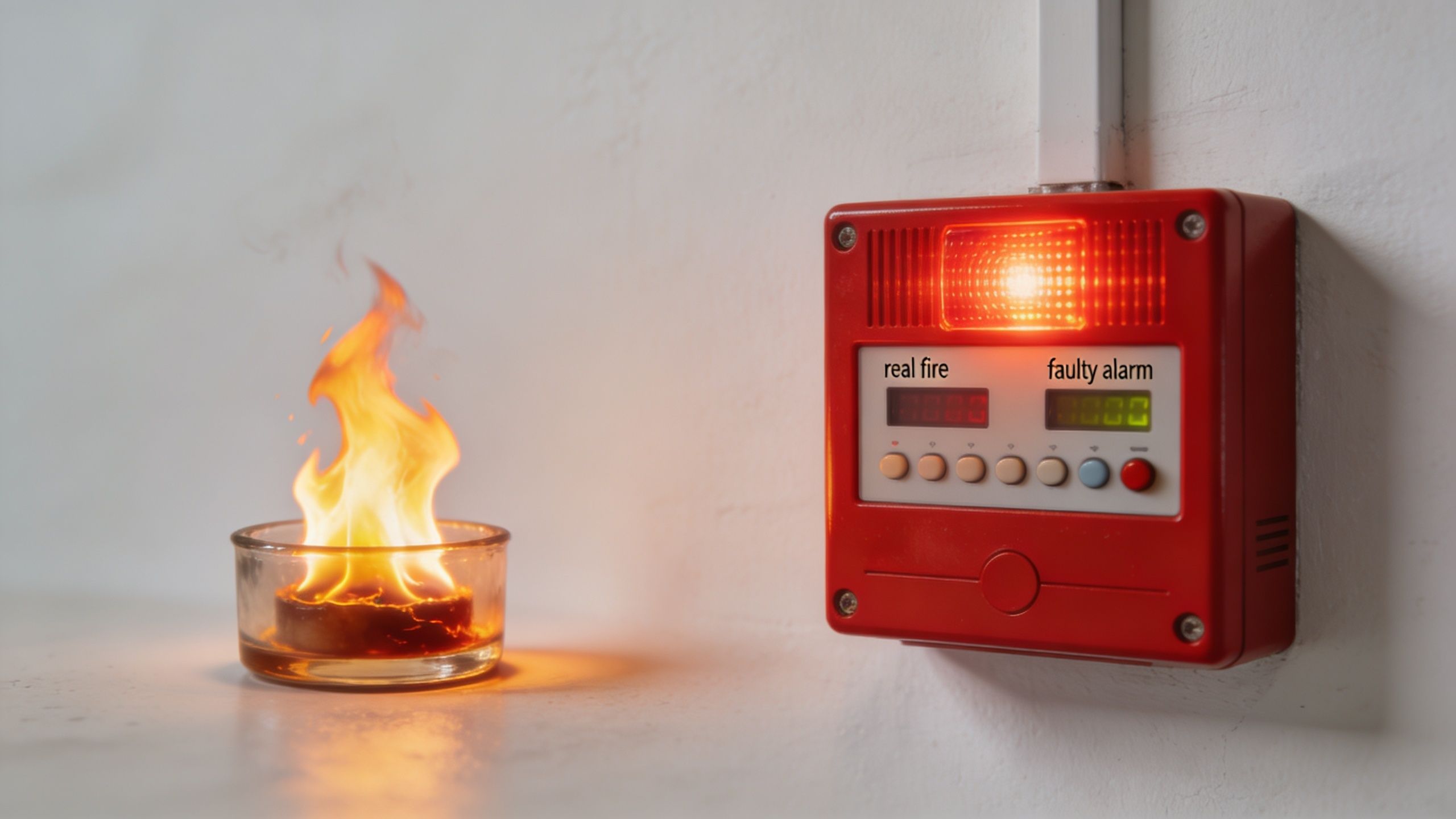 En rød brandalarm, der lyser rødt ved siden af en lille brændende beholder med flammer.