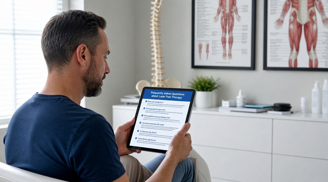 En mand sidder i et klinikmiljø og læser information om laser-smertebehandling på en tablet-computer.