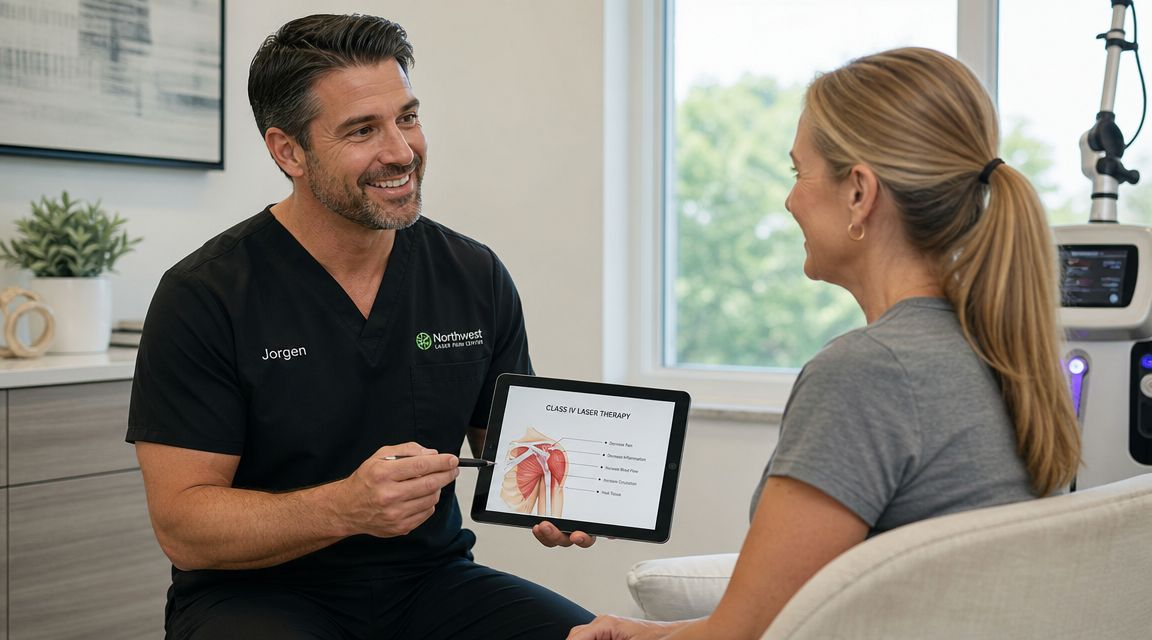En professionel behandler forklarer fordelene ved laserterapi til en patient ved hjælp af en tablet-skærm.