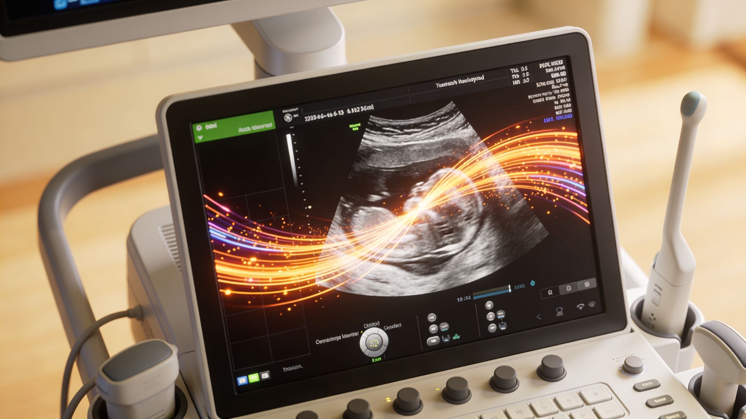 En moderne ultralydsskanner viser et foster under en undersøgelse med lysende digitale grafik effekter på skærmen.