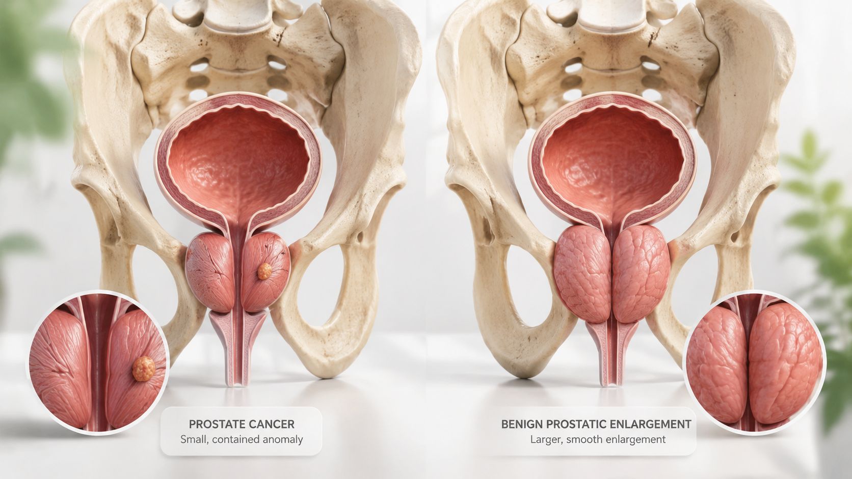 Illustration af forskellen mellem prostatakræft med en lille knude og godartet forstørret prostata i bækkenet.