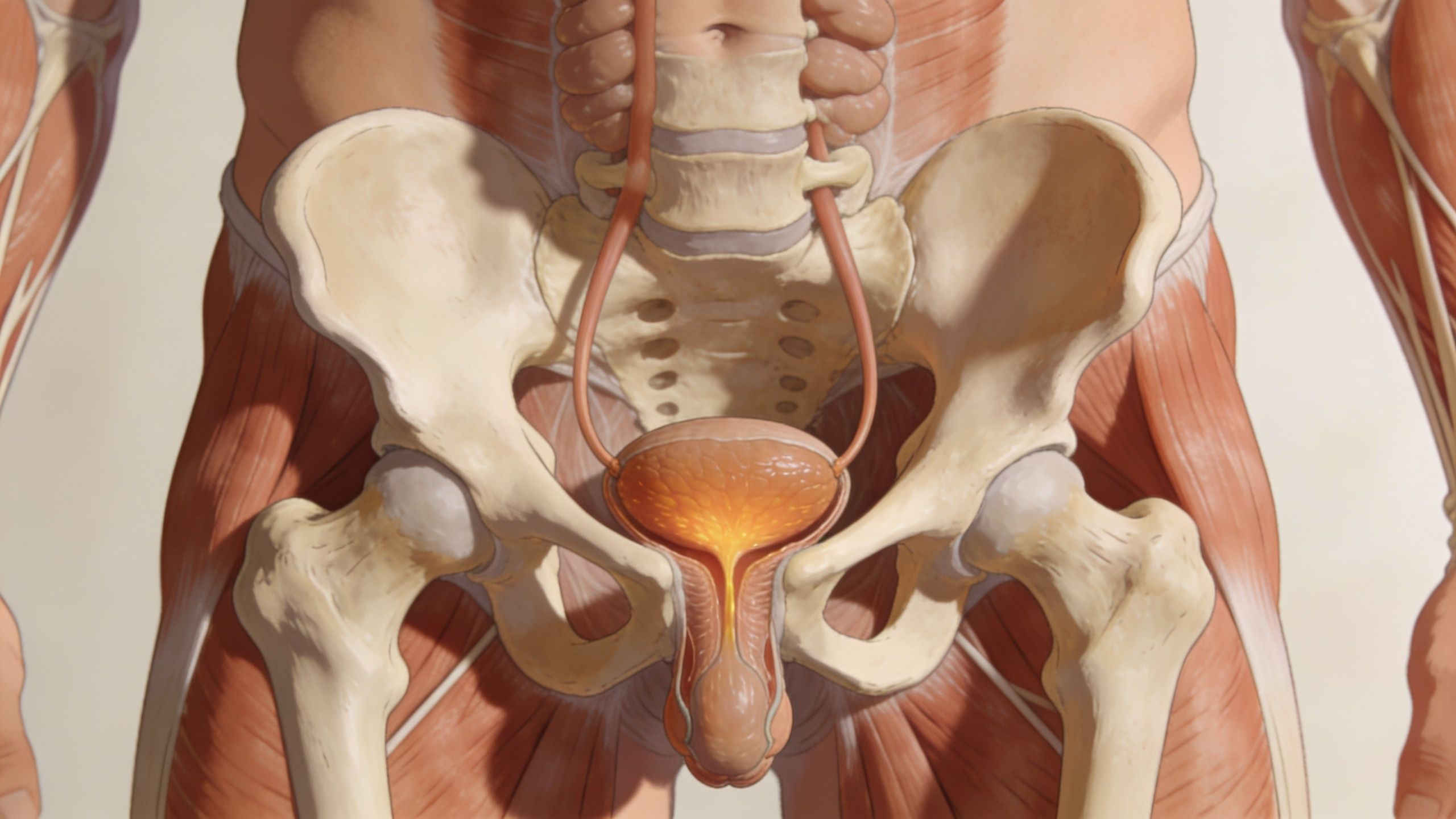 Medicinsk illustration af det mandlige bækken, der viser urinblæren, urinledere og prostata med fokus på kroppens anatomi.