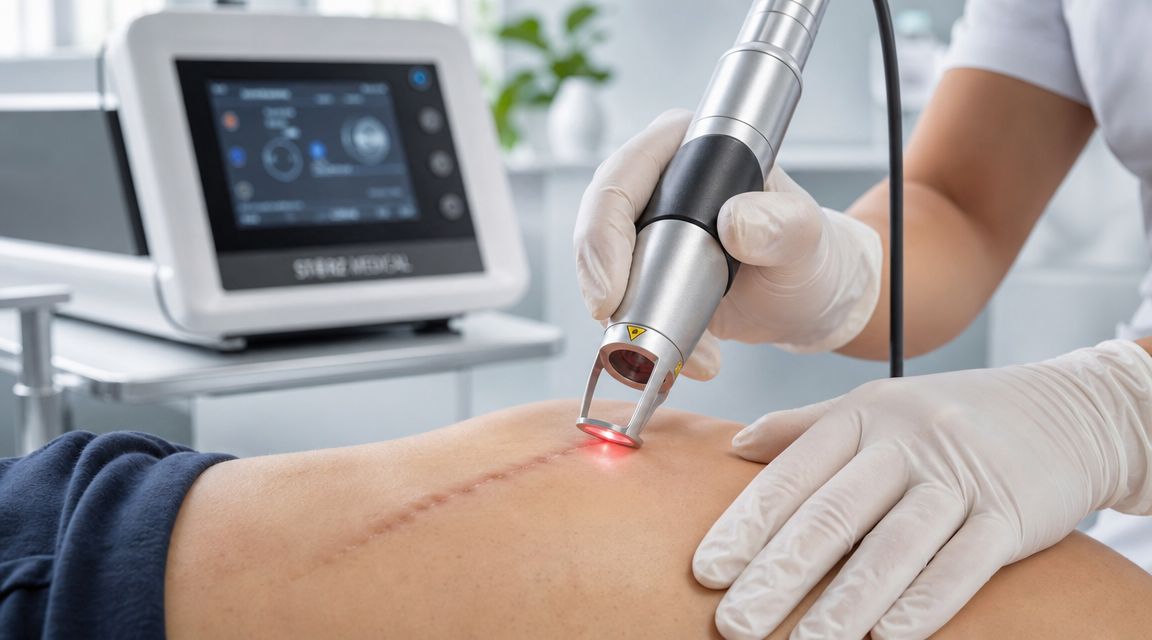 En behandler bruger en laser til at udføre medicinsk behandling af et synligt arvæv på huden.