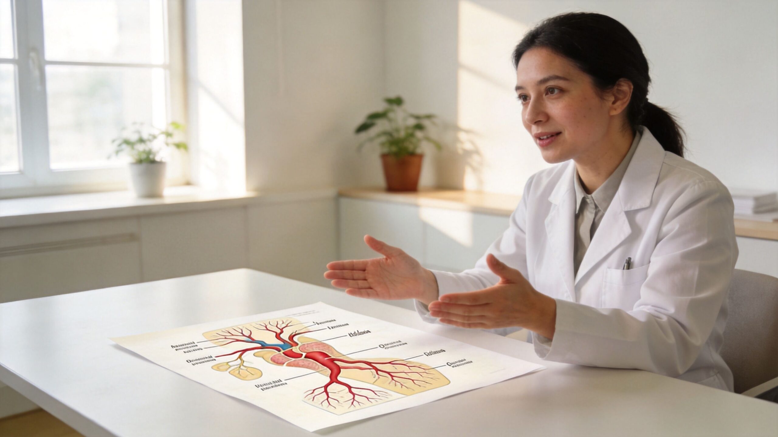 En kvindelig læge forklarer en anatomisk illustration af blodkredsløbet til en patient under en konsultation.