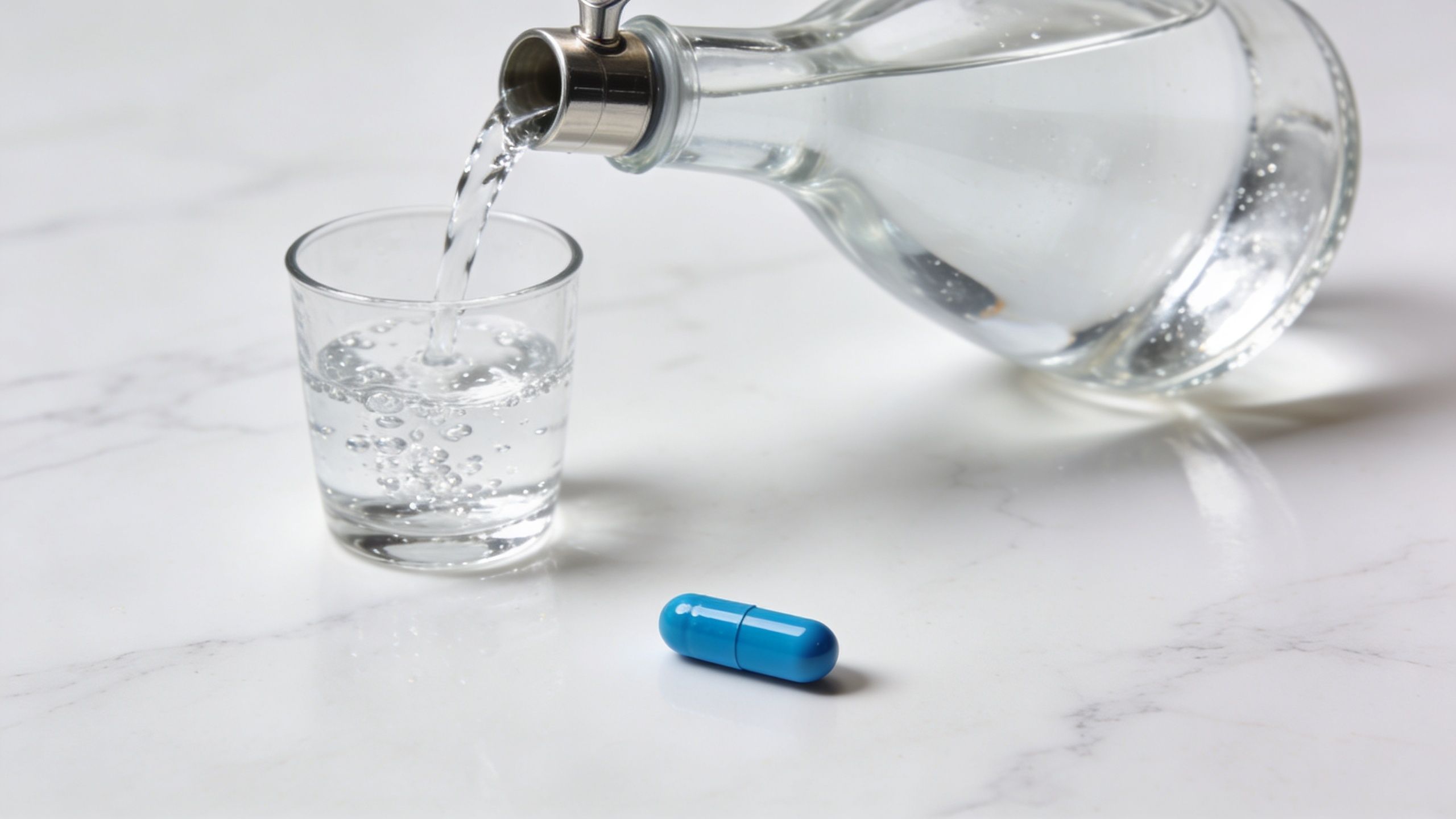 En klar glasflaske der hælder vand i et glas ved siden af en enkelt blå medicinkapsel.