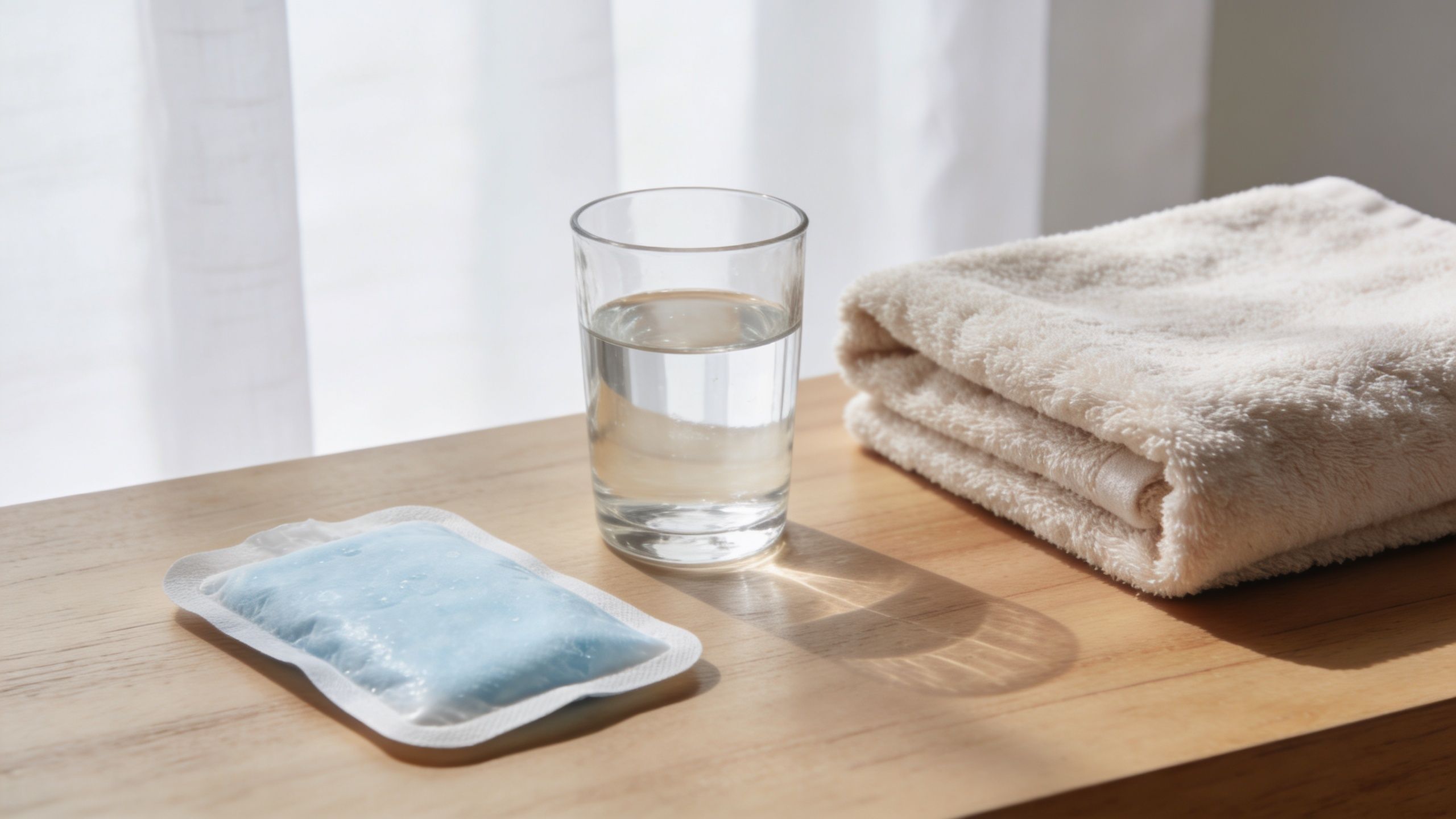 En ispose, et glas vand og et foldet håndklæde placeret på et træbord som behandling af muskelsmerter.