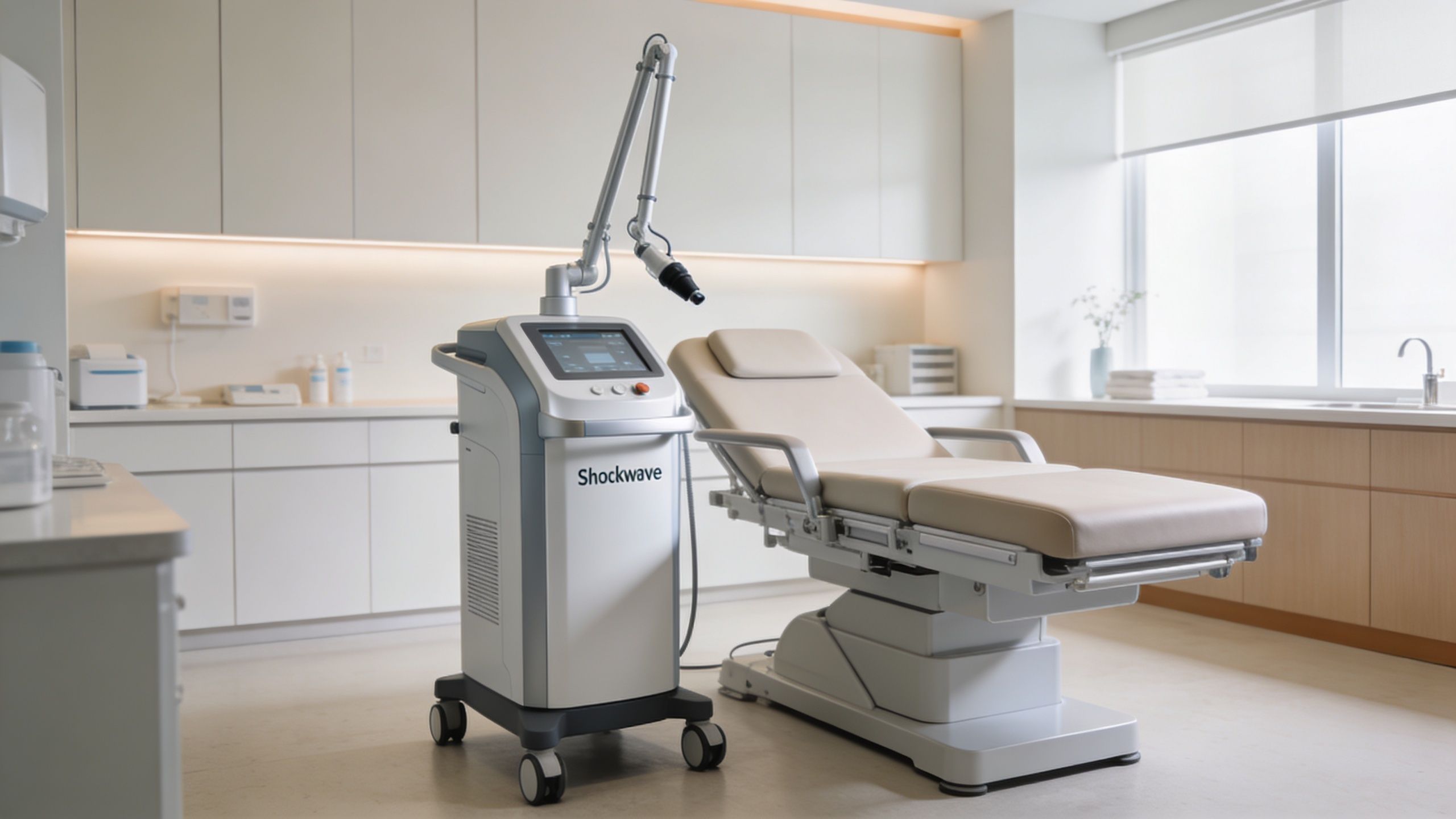 En moderne klinik med en chokbølge-maskine og en undersøgelsesbriks til behandling af ømhed i muskler og led.