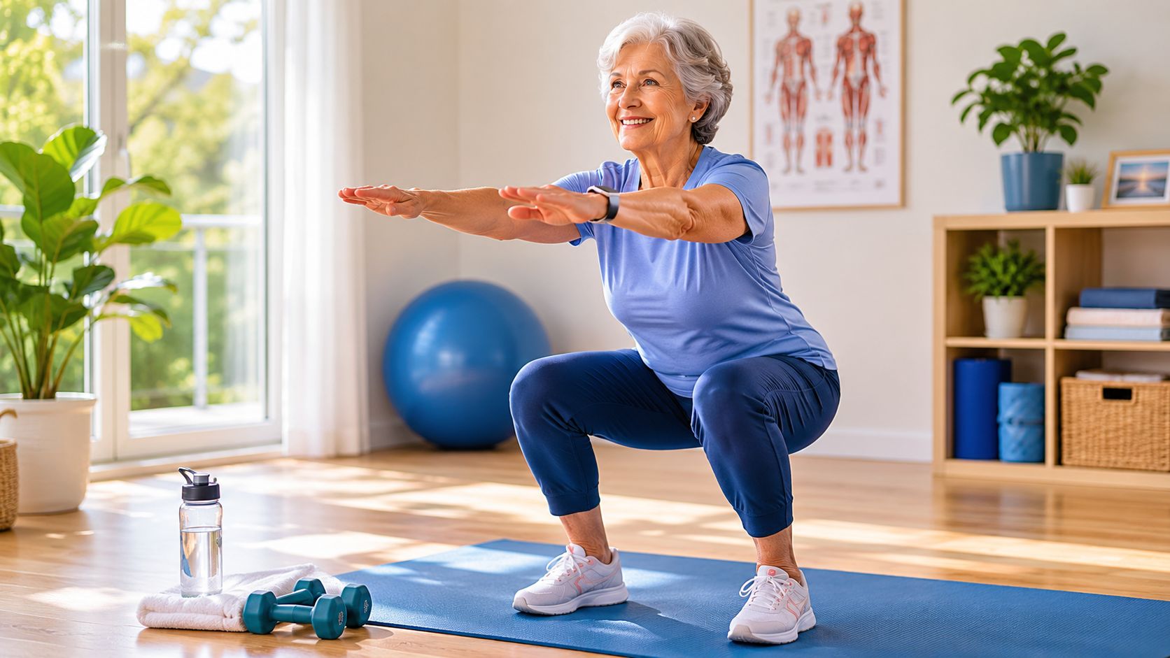 En smilende ældre kvinde laver squats på en blå yogamåtte i en lys og venlig stue.