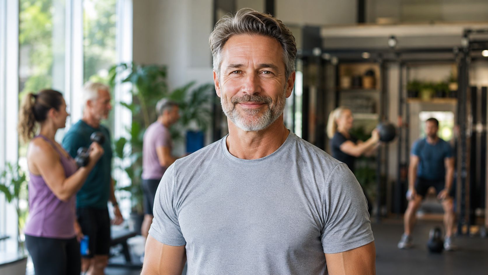En glad midaldrende mand i træningstøj står foran i et fitnesscenter med andre mennesker i baggrunden.