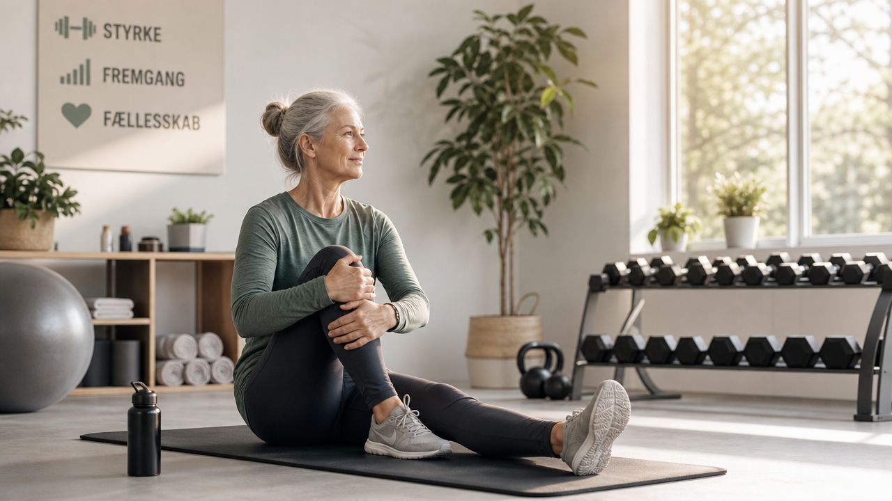 En moden kvinde med gråt hår sidder på en træningsmåtte i et lyst fitnessstudie og laver strækøvelser.