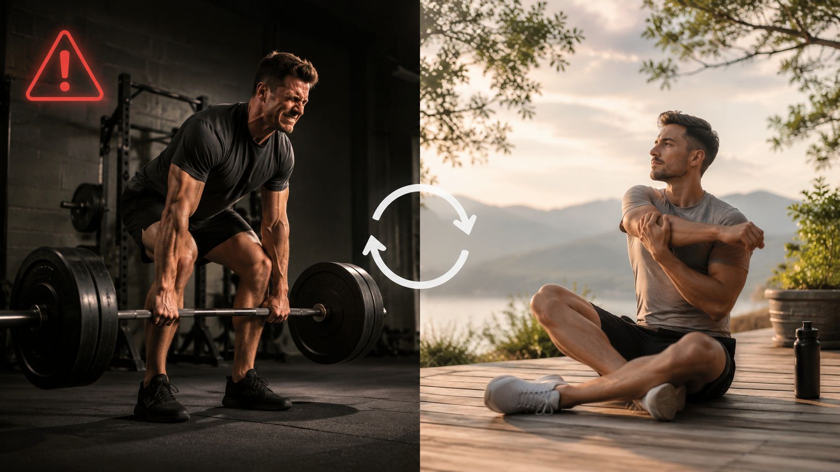 En sammenligning mellem intens styrketræning i et fitnesscenter og afslappende udstrækning udendørs i naturen.