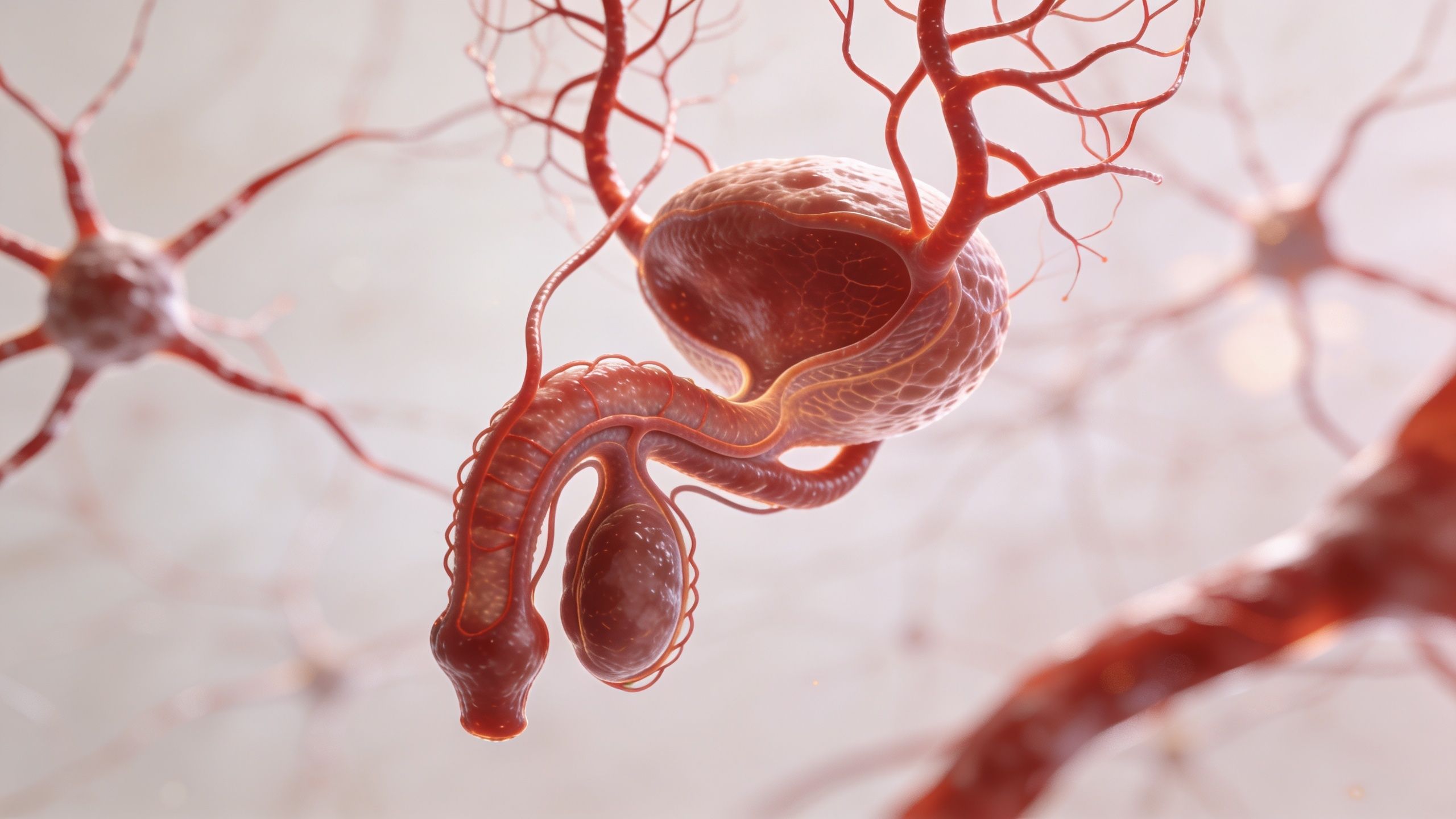 En medicinsk illustration af det mandlige reproduktive system, inklusive blære og prostata, omgivet af neurale netværk.