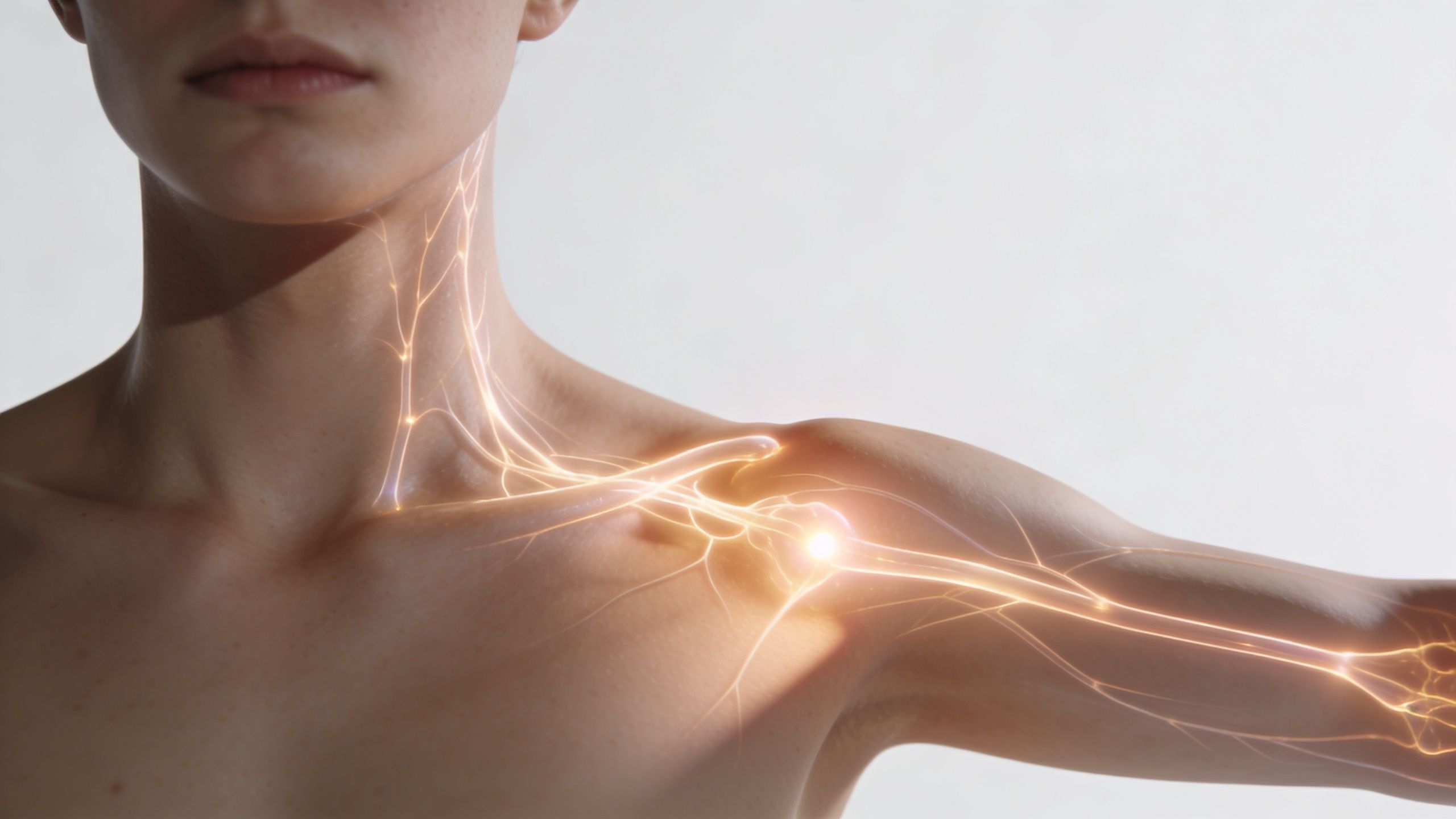 En digital illustration af menneskets nervesystem med fokus på nerverne i nakken og den venstre arm.