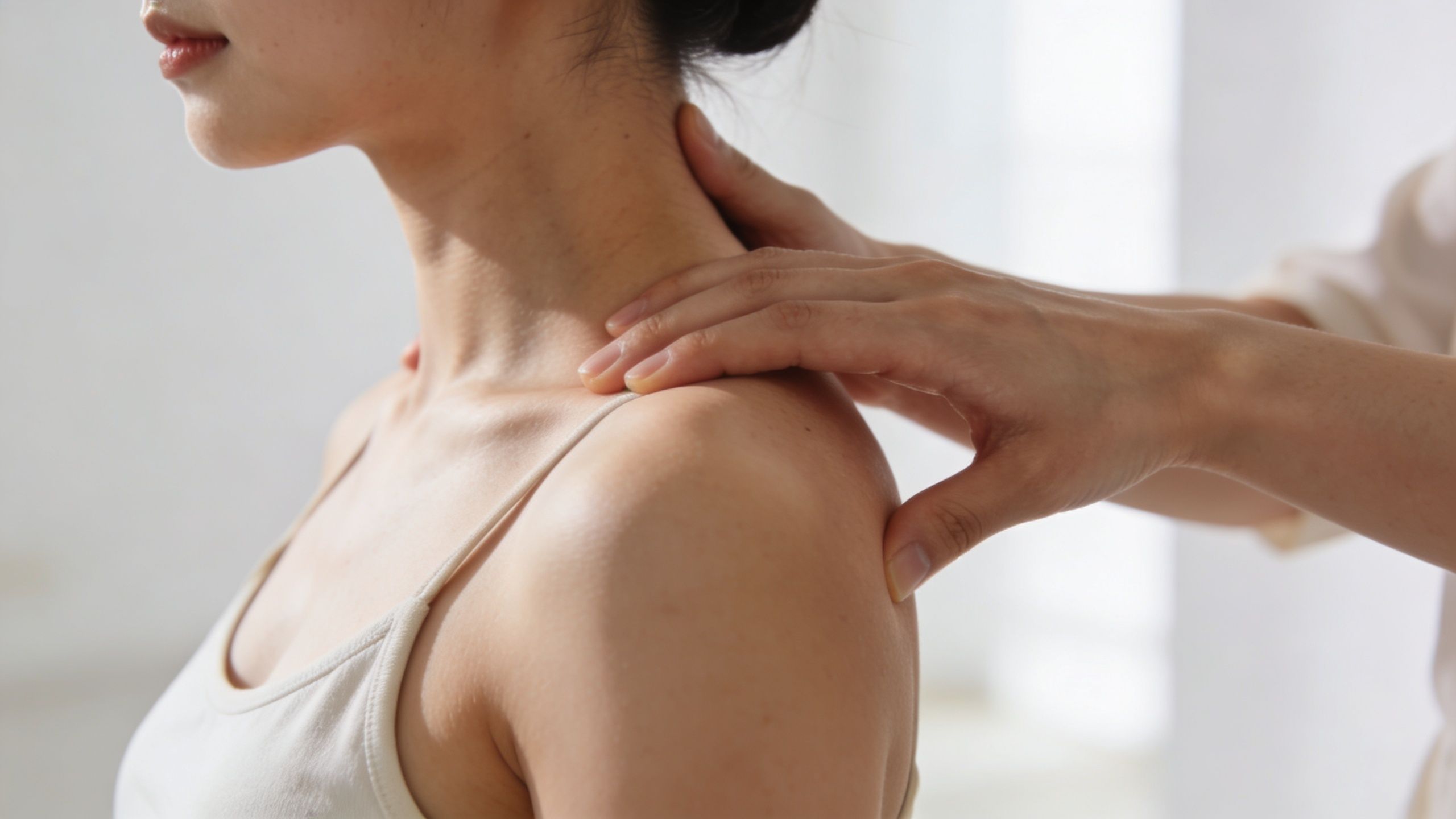 En person får professionel massage af nakke og skulder i et lyst og roligt rum til behandling.