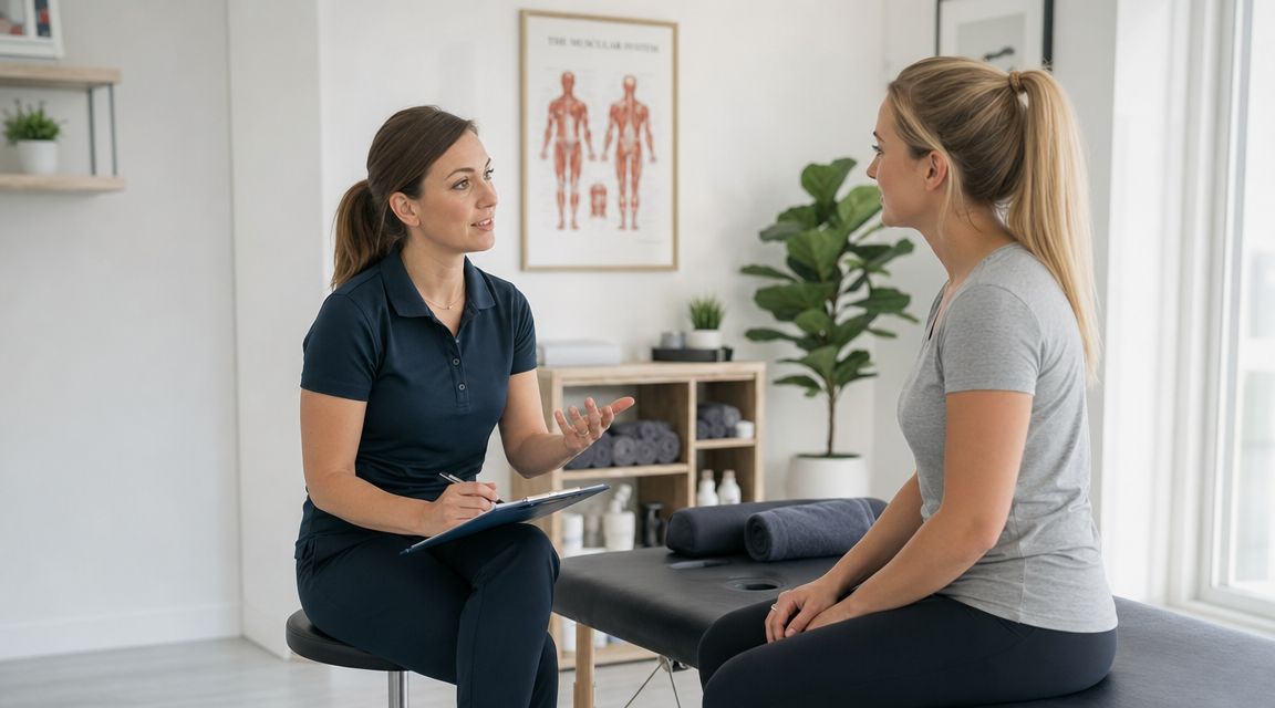 En fysioterapeut taler med en kvindelig patient, der sidder på en behandlingsbriks i en lys og professionel klinik.