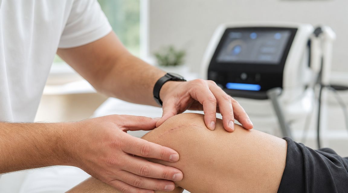 En fysioterapeut undersøger og masserer et kirurgisk arvæv på en patients knæ i en klinik.
