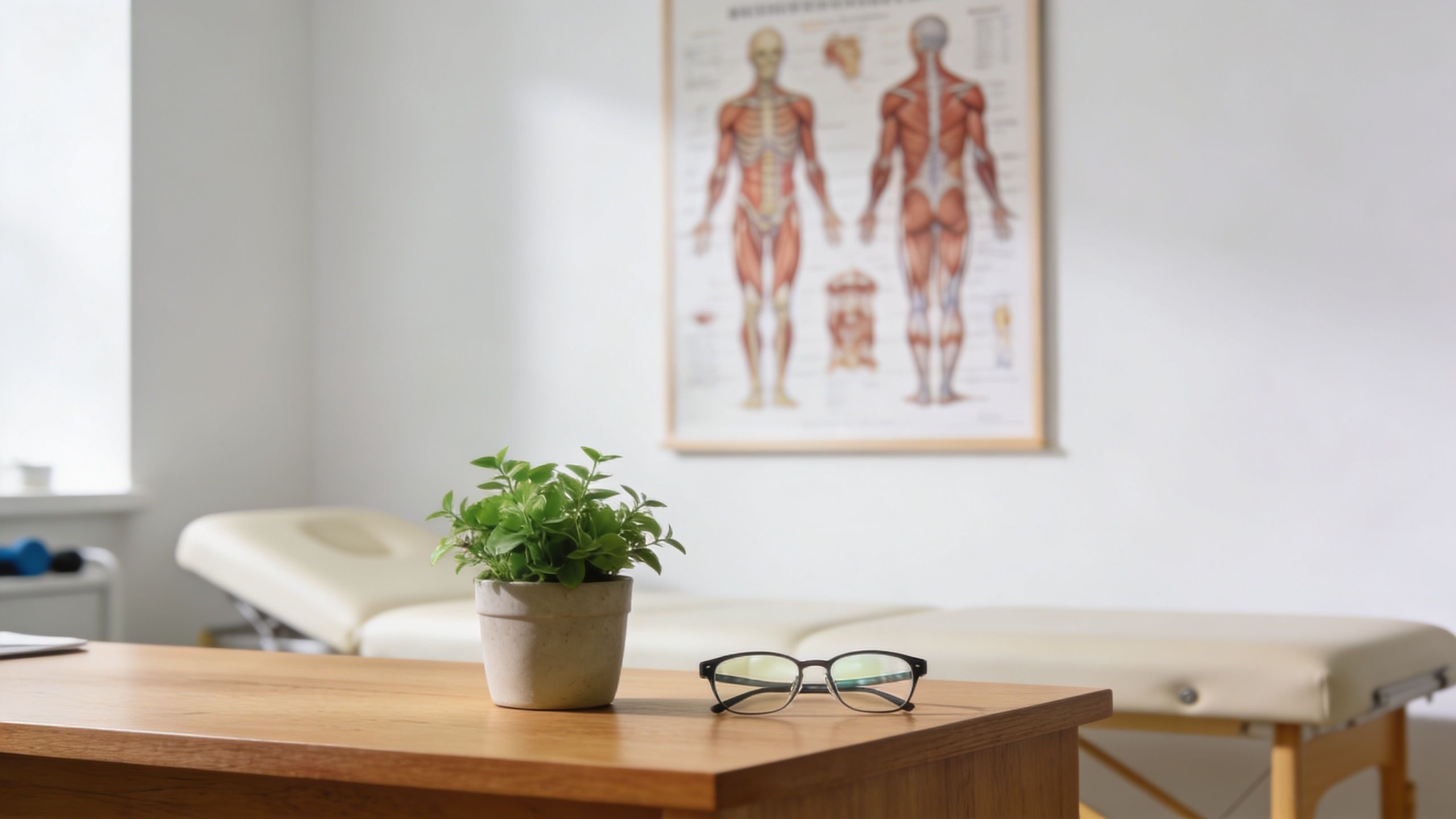 Et lyst kontor hos en fysioterapeut med en plante, briller på et bord og en anatomisk plakat.