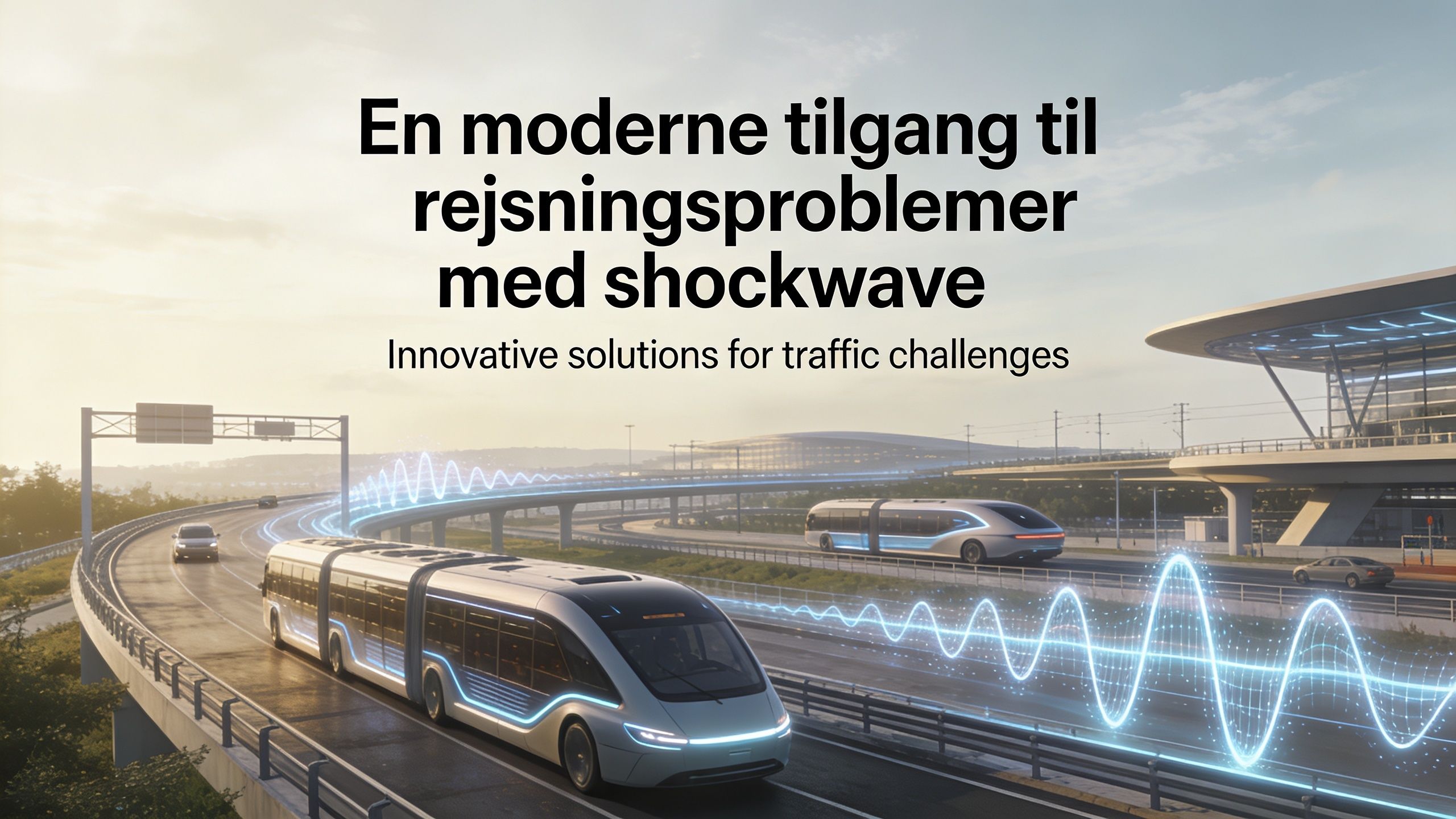 Moderne selvkørende busser på en motorvej visualiseret med digitale bølgeform-data for innovative trafikløsninger.