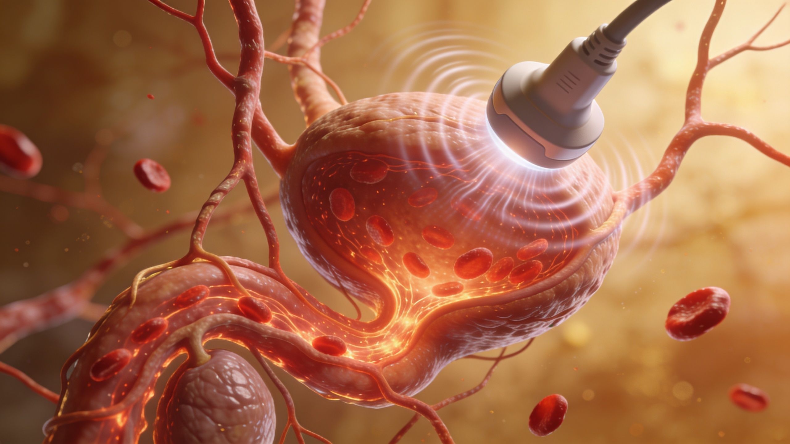 En medicinsk illustration, der viser en ultralydsscanning af en prostata med synlige blodkar og rød blodceller omkring.