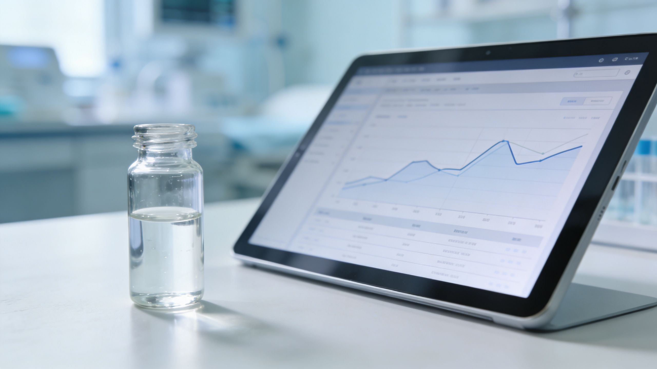 En glasflaske med væske står ved siden af en tablet, der viser statistiske grafer og dataanalyser.