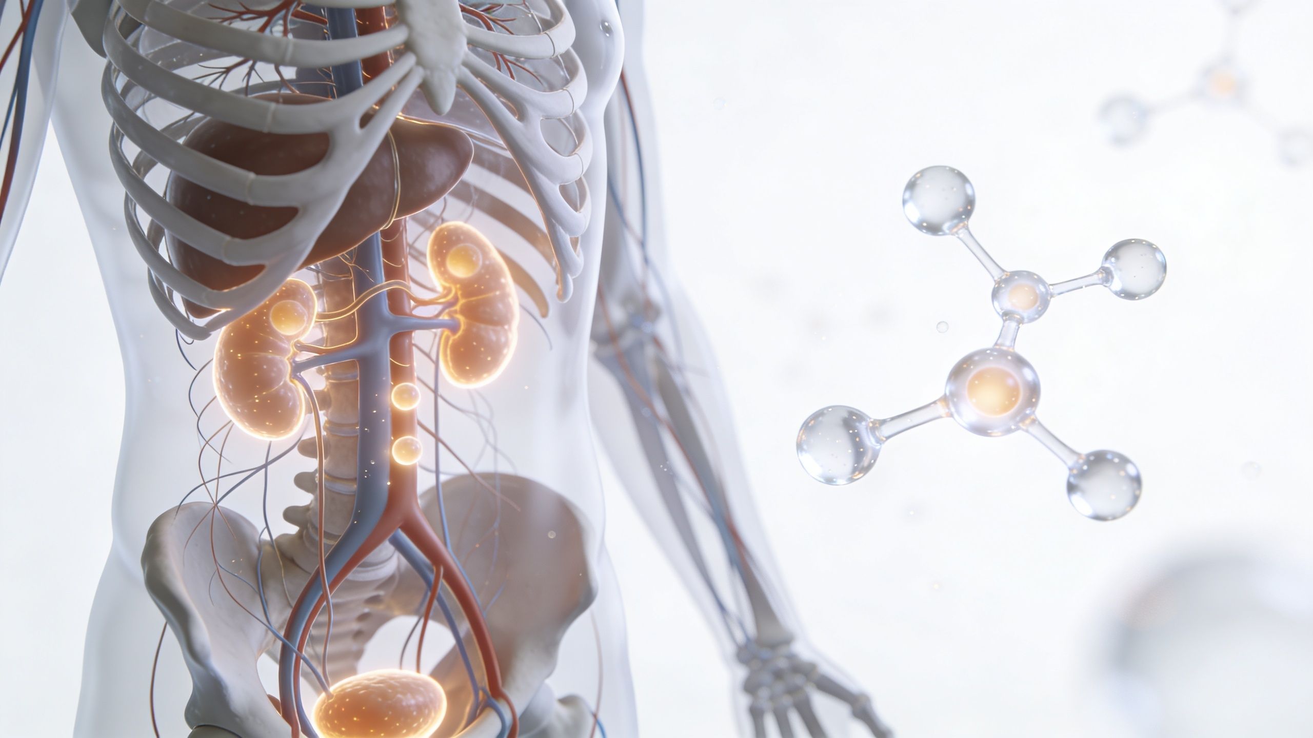 En medicinsk 3D-illustration, der viser menneskekroppens nyrer, urinveje og molekylær struktur i en klinisk sammenhæng.