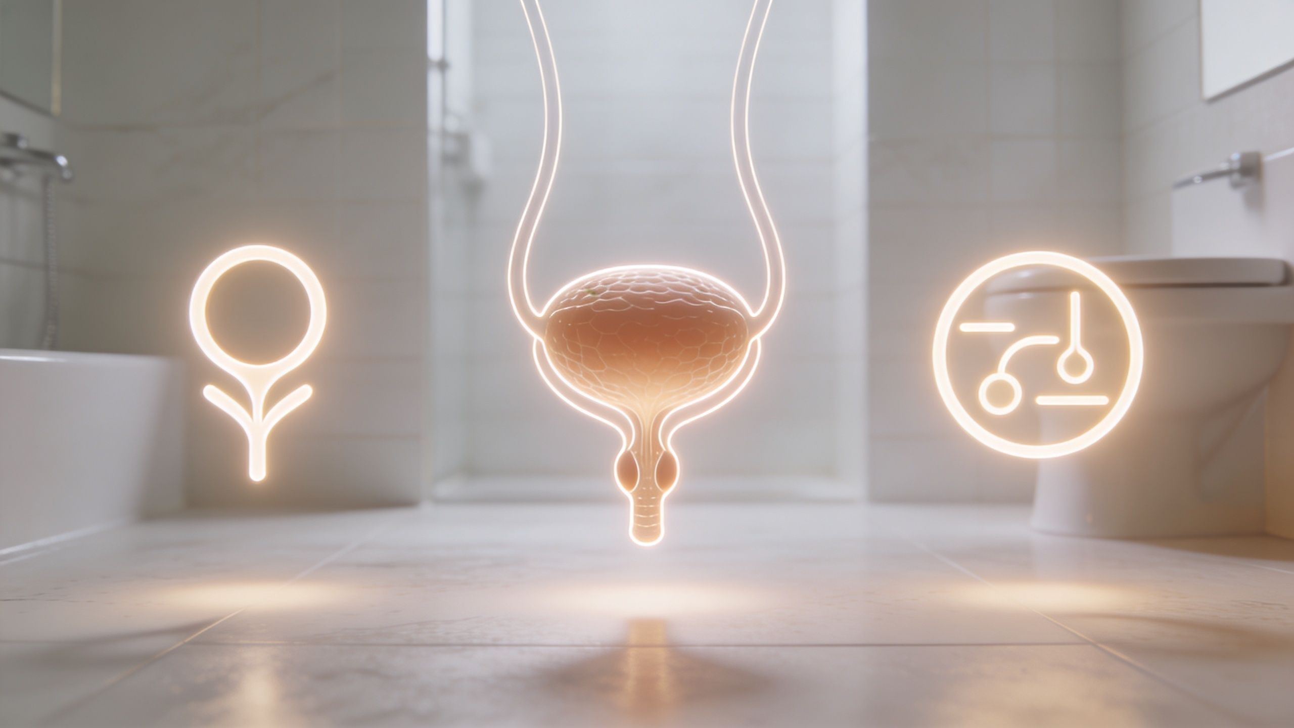 En lysende illustration af den mandlige blære og prostata i et moderne badeværelse, der visualiserer prostata sundhed.