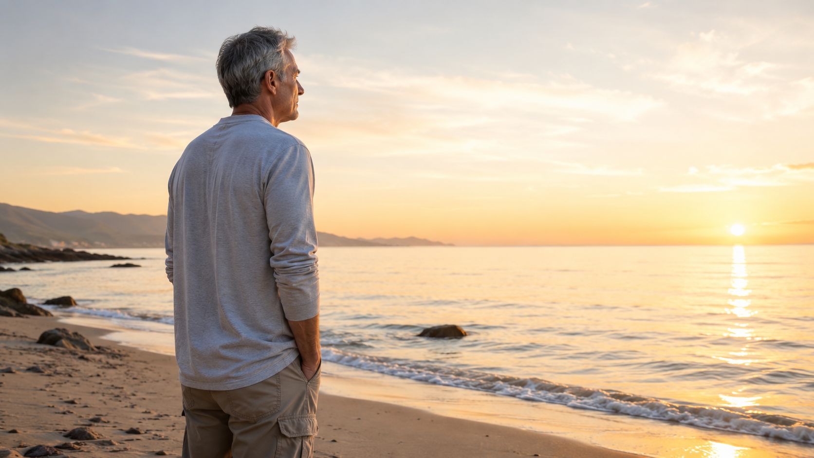 En ældre mand står på en rolig strand og kigger ud over havet ved solnedgang.