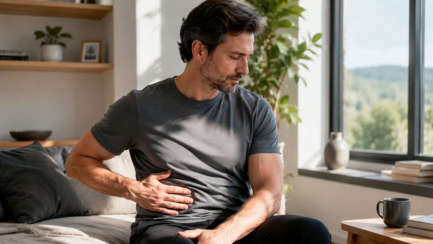 En midaldrende mand sidder i en sofa og holder sig på maven, mens han ser ubehageligt tilpas ud.