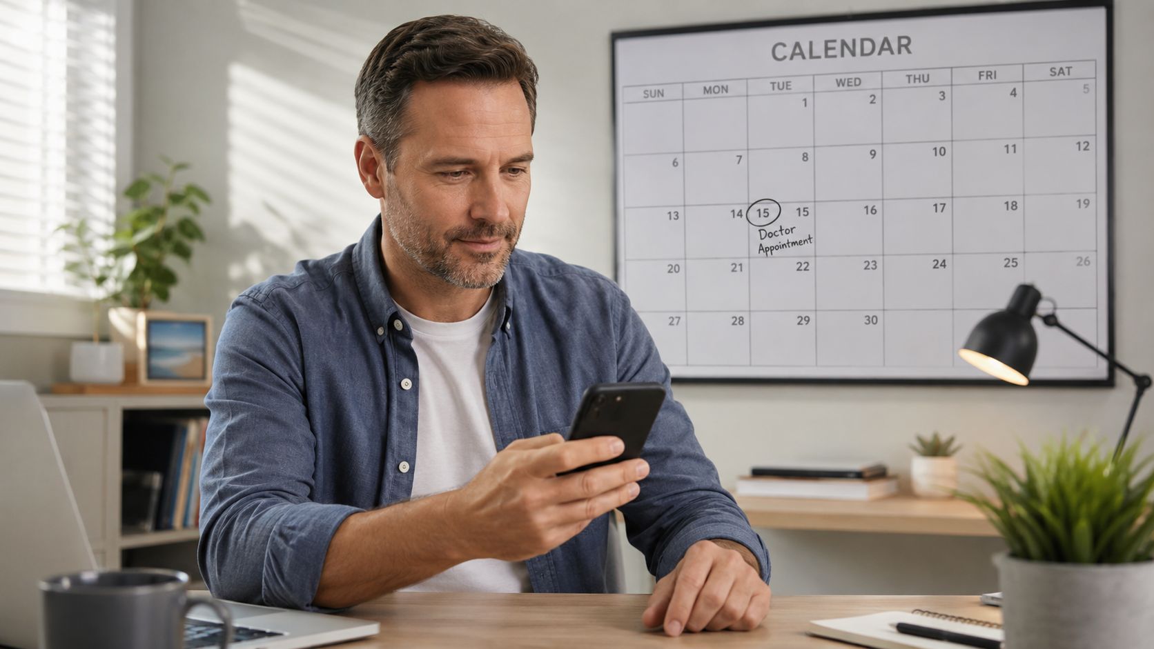 En midaldrende mand sidder ved sit skrivebord og ser på sin mobiltelefon foran en vægkalender.