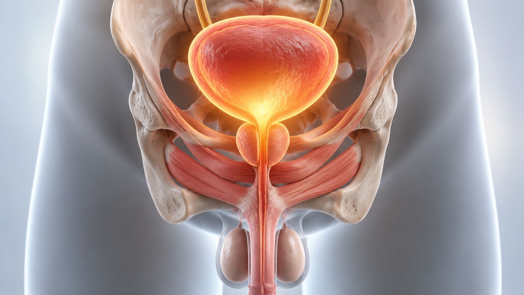 En medicinsk illustration af det mandlige urinvejssystem med fokus på blæren, prostata og de omkringliggende anatomiske strukturer.