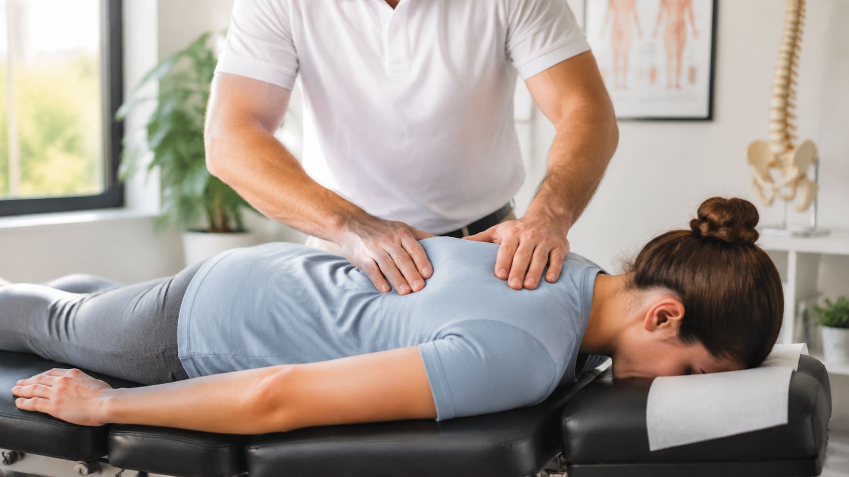 En kiropraktor giver en rygmassage eller justering til en kvindelig patient, der ligger på en briks.