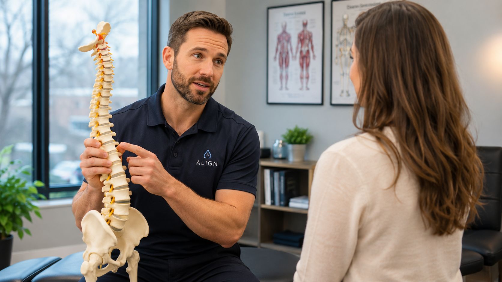 En kiropraktor forklarer rygsøjlens anatomi til en kvindelig patient ved hjælp af en anatomisk model.