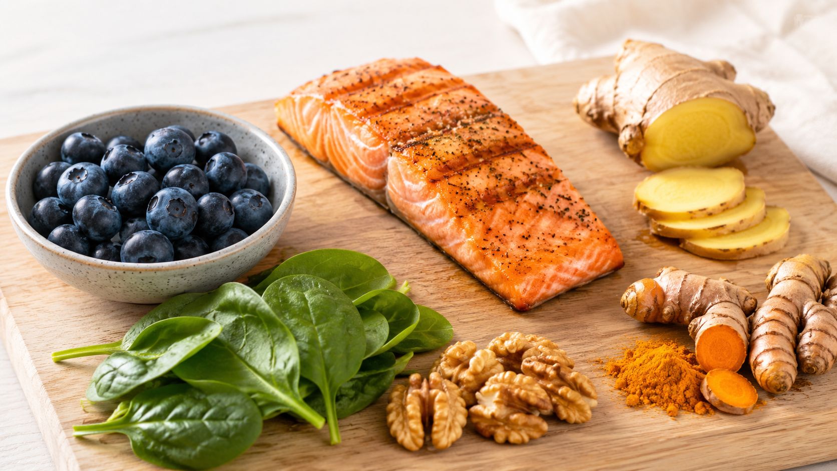 En sund madtallerken med laks, spinat, blåbær, gurkemeje, ingefær og valnødder som fokus på anti-inflammatorisk kost.