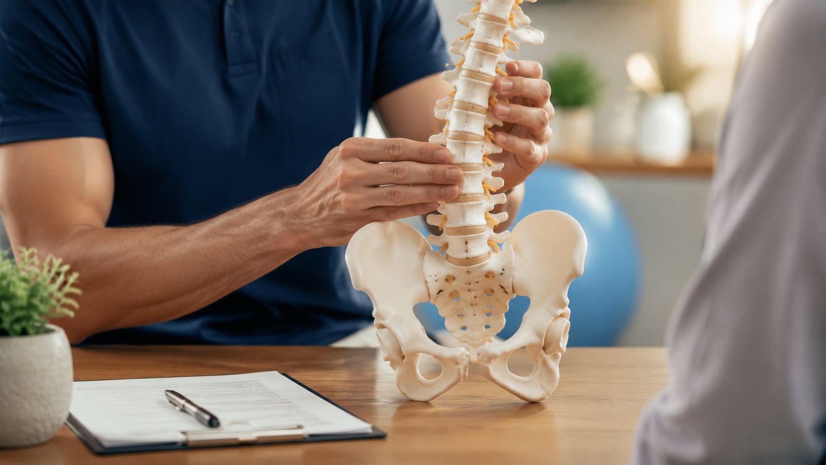 Fysioterapeut forklarer en patient om rygsøjlens anatomi ved hjælp af en anatomisk model af rygraden.
