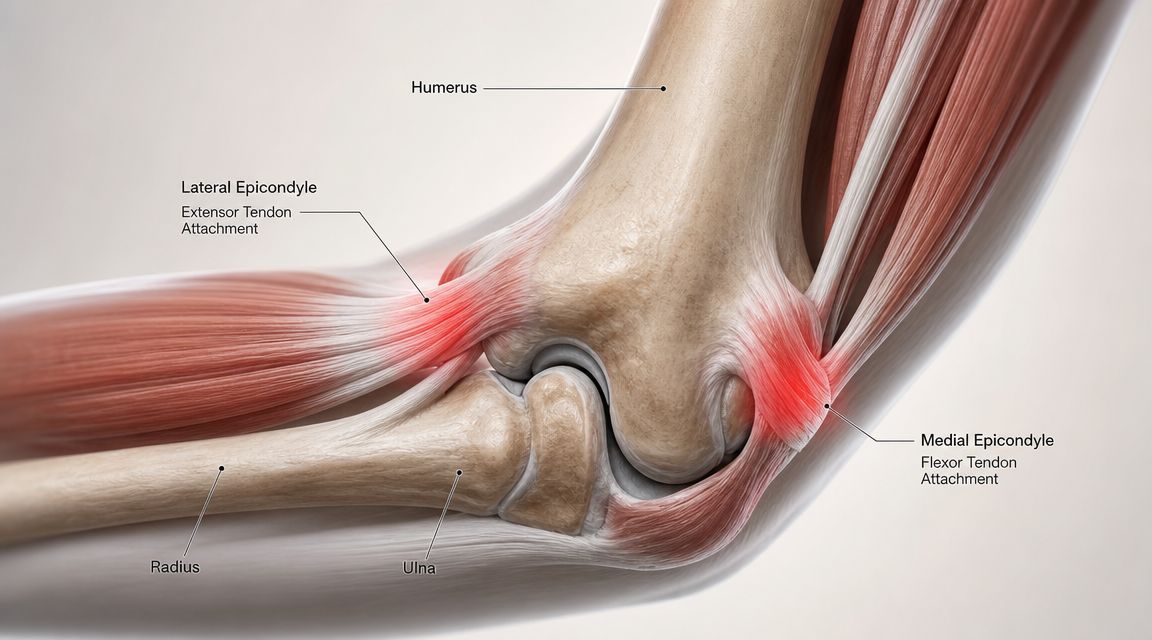 Medicinsk illustration af en menneskelig albue, der viser placeringen af lateral og medial epikondyl samt sener.